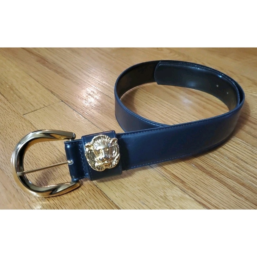 Vintage 80s Women's Leslie Fay Size M Navy Blue Belt Lion Medallion Buckle